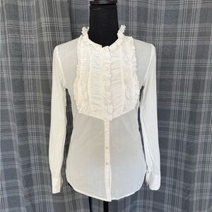 J. Crew White Long Sleeve Ruffled Bib Collar Blouse